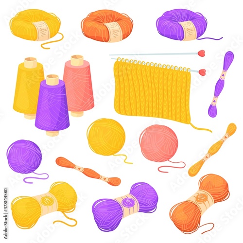 Cartoon wool threads. Clew thread bobbin for yarn, string roll knit ball, skein rope, natural woolen weave cloth, isolated weaving knitting sewing items, neat vector illustration