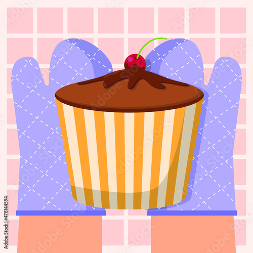 The small chocolate cake looks quite attractive. Vector colorful illustration. Cake chocolate.