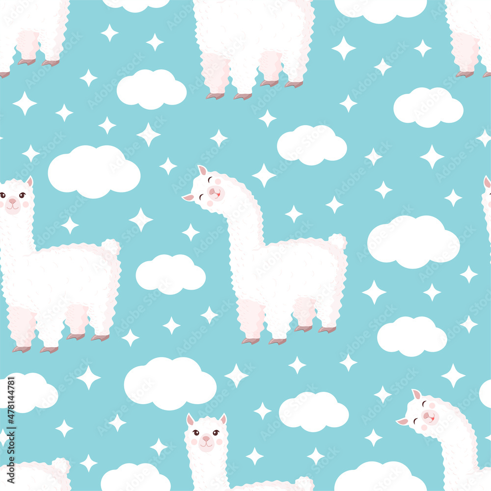 Obraz premium Seamless pattern with funny llama, clouds and stars on a blue background. Vector illustration suitable for baby texture, textile, fabric, poster, greeting card, decor. Cute alpaca from Peru.
