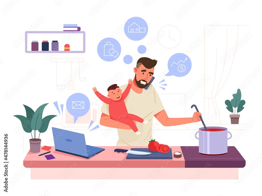 Busy father. Multitasking super dad cooking, lonely daddy with baby, caring husband, vector illustration