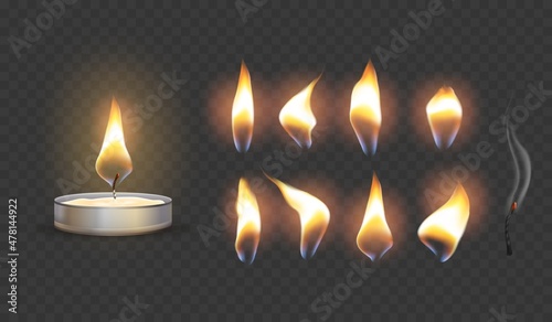 Realistic candle flame. 3d flaming candles, wax burning wick, moving memorial fire, xmas tealight, holy decor romantic lighting extinguish lamp blow smoke, tidy vector illustration