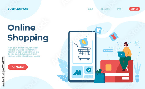 Landing page online shopping use smartphone application. Vector of payment application mobile digital on smartphone for shopping illustration © Frogella.stock