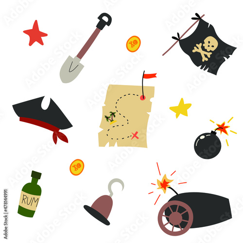 Image of pirate paraphernalia :saber and hook, gold coins,pirates hat. Vector illustration