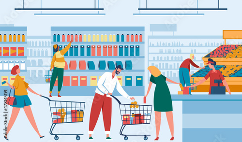 Family do shopping in supermarket, foodstuff store. Super market and store, people in grocery shop or food retail, vector illustration