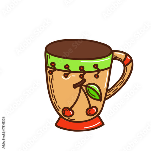 doodle style kitchenware. hand drawn cup with cherry ornament
