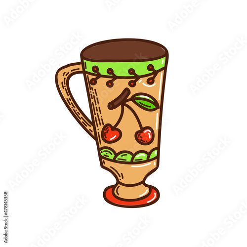 doodle style kitchenware. hand drawn cup with cherry ornament