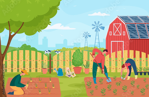 People working at house garden, gardening and growing. Vector house garden, agriculture hobby, home farm outdoor illustration