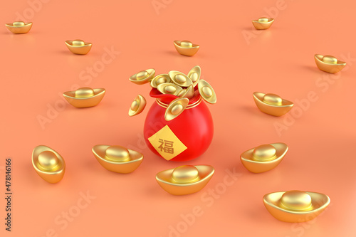 3d rendering chinese lucky bag and gold