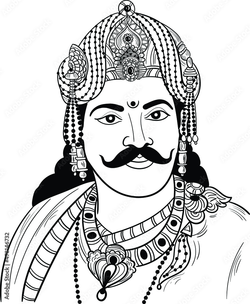 Indian king black and white line drawing illustration. Indian king clip