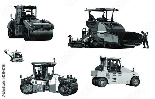 Road machinery for compacting and asphalting roads isolated on white background. Set. Vector monochrome 3d illustration.