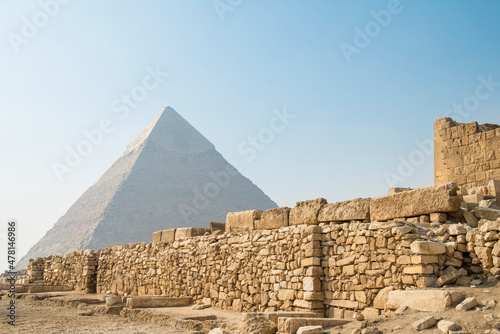 Landscape of the pyramids in the desert with blue sky in Giza, Egypt	