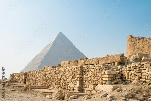 Landscape of the pyramids in the desert with blue sky in Giza, Egypt	