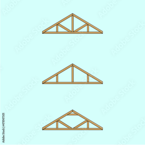 Three vector wood trusses that are used in the construction of a roof for a building or barn