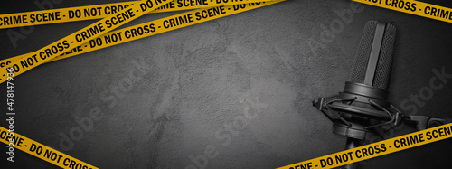 Foto True crime podcast background banner with microphone, do not cross police lines