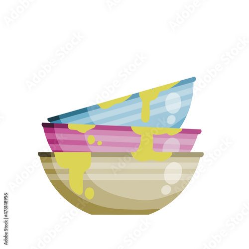 Pile of dirty plates. Stack of kitchen utensils after lunch. Lots of clay bowls. Household chores and cleaning. Flat cartoon