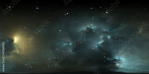 Fototapeta Naklejka Na Ścianę i Meble -  360 degree space background with nebula and stars, equirectangular projection, environment map. HDRI spherical panorama.