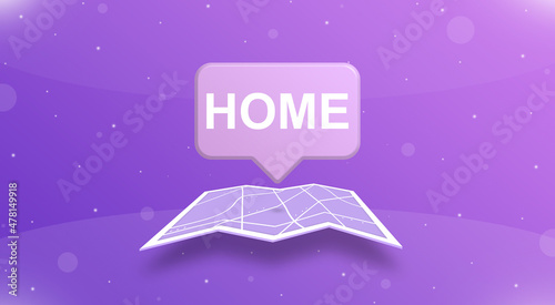 Speech bubble with home over the open map 3d