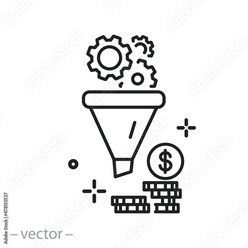 crm system icon, funnel with gears and profit, marketing conversion for business, sales lead, campaign course or target, thin line symbol on white background - editable stroke vector illustration