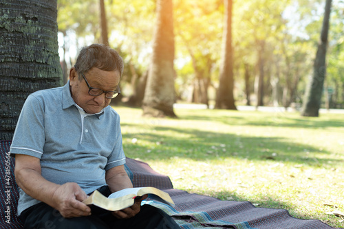 Fototapeta Asian elderly Christian having faith to the Lord, God reading bible outdoor