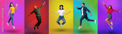 Interracial young people in casual clothes jumping and having fun on neon color studio backgrounds, panorama