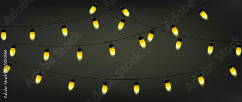 Garland with bulbs. Holiday decoration lanterns with yellow glare. Birthday, wedding, party, festival. Collection of burning lamps. Illuminate in the evening. Vector illustration.	