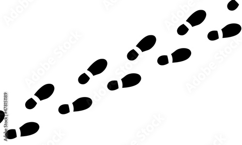 Sole prints. Template of trodden trail, walking route. Black icons. Foot of a human foot in shoes, boots. Vector illustration.