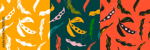 Vector Soybean pattern seamless. Hand-drawn soybean illustrations for Soy sauce label design. Whole pea pod drawings. Beans background. Vegan backdrop, vegetarian decoration. Organic food wallpaper.