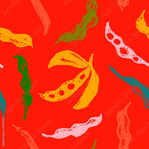 Vector Soybean pattern seamless. Hand-drawn soybean illustrations for Soy sauce label design. Whole pea pod drawings. Beans background. Vegan backdrop, vegetarian decoration. Organic food wallpaper. © Design Couple