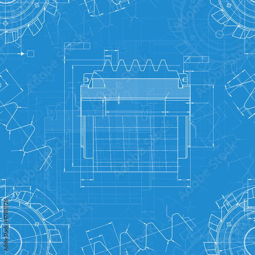 Mechanical engineering drawings on blue background. Cutting tools, milling cutter. Technical Design. Cover. Blueprint. Seamless pattern. Vector illustration.