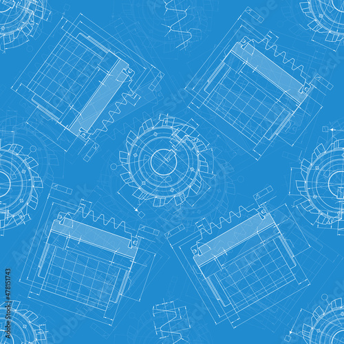 Mechanical engineering drawings on blue background. Cutting tools, milling cutter. Technical Design. Cover. Blueprint. Seamless pattern. Vector illustration.