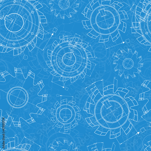 Mechanical engineering drawings on blue background. Cutting tools, milling cutter. Technical Design. Cover. Blueprint. Seamless pattern. Vector illustration.