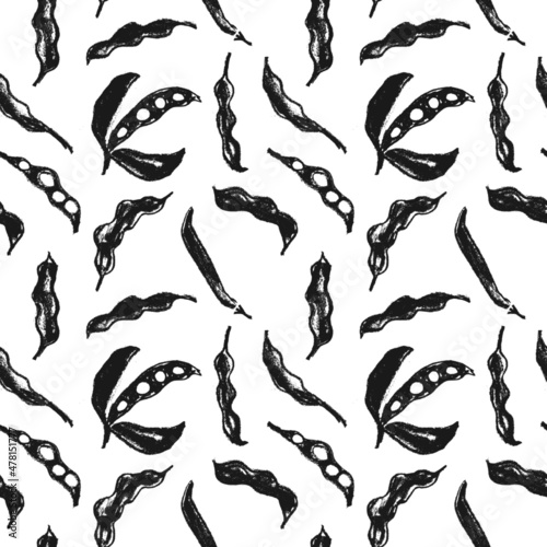 Vector Soybean pattern seamless. Hand-drawn soybean illustrations for Soy sauce label design. Whole pea pod drawings. Beans background. Vegan backdrop, vegetarian decoration. Organic food wallpaper.
