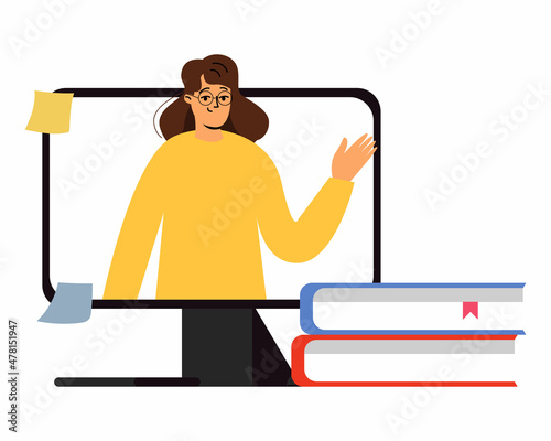 Woman teacher teaching student on computer laptop screen, distance learning concept, new normal. E-learning and remote education. Vector illustration
