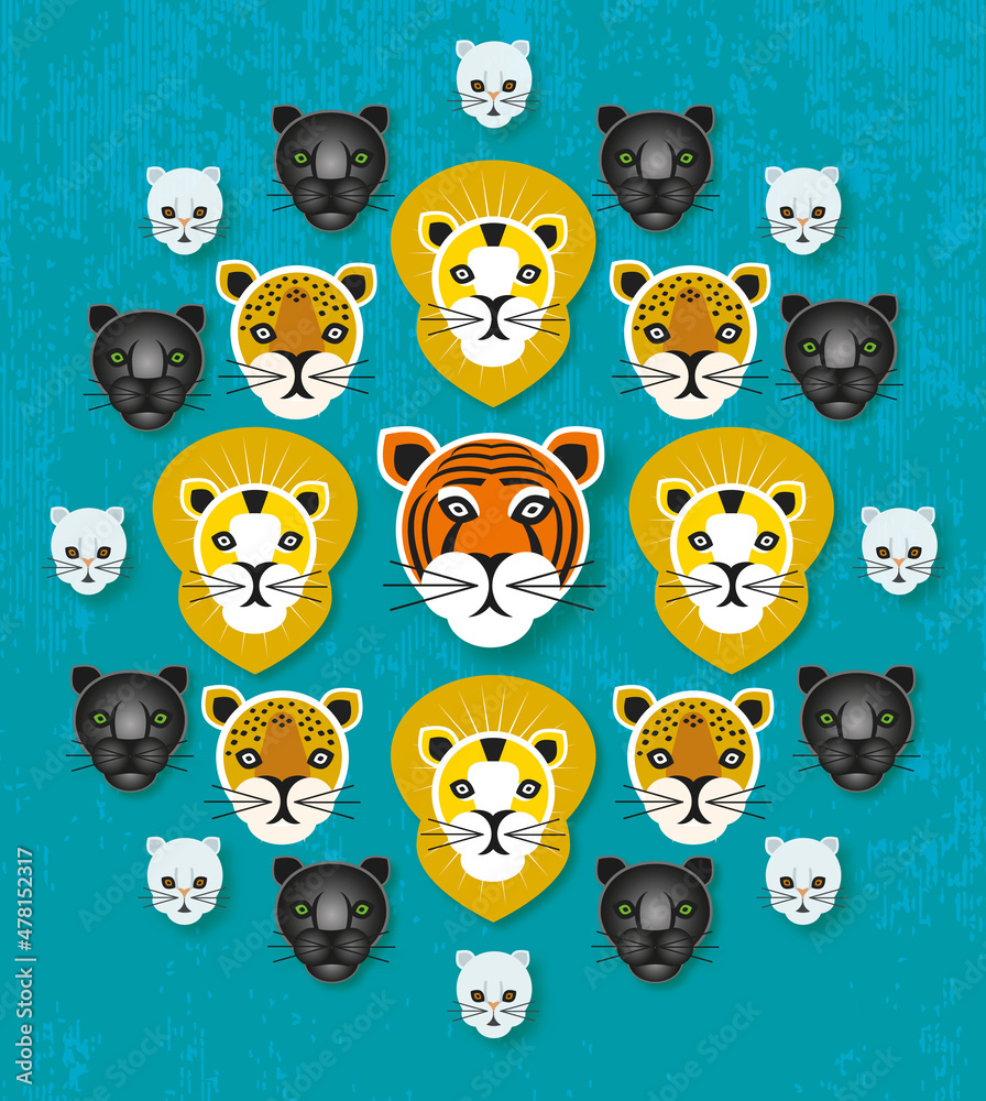 Set of funny animals with wildcats as tiger, lions, panthers, leopards and domestic cats - suitable for wrapping paper or decoration
