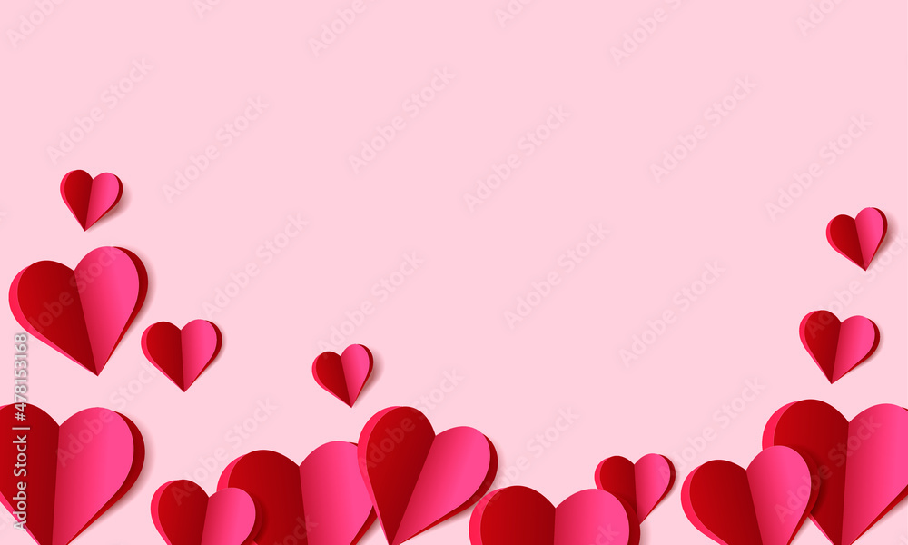 Romance pink background design with  red heart. Origami poster, flyer, greeting card, header for website