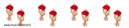 Pattern bouquets of red roses in craft paper on a white background.