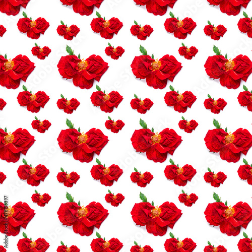 Pattern of flowers in the form of hearts from rose petals.