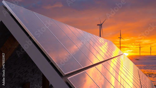 photovoltaic panels on the roof of a house during a frosty evening