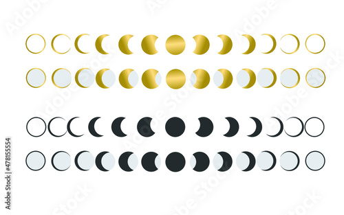 The Golden and black Moon phases icons. The shape of the sun when the solar eclipse occurs. Night space astronomy and nature moon phases.