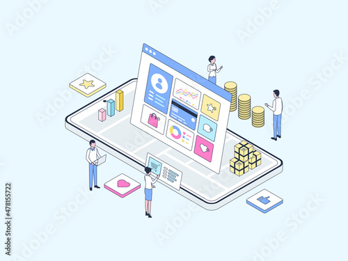 Digital Marketing Isometric Illustration Lineal Color. Suitable for Mobile App, Website, Banner, Diagrams, Infographics, and Other Graphic Assets.
