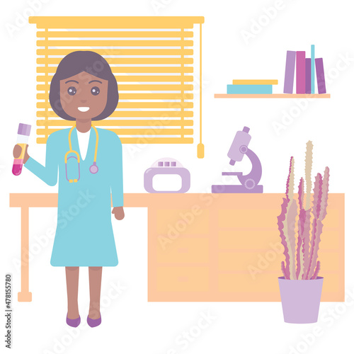 Scientist working in a laboratory. Doctor holding test tube with centrifuged blood. Science and health care concept. Vector illustration.