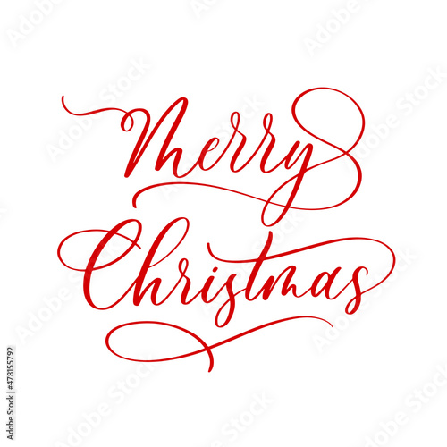 Merry Christmas hand drawn lettering. Xmas calligraphy on white background. Christmas red, lettering. Banner, postcard, poster design element.