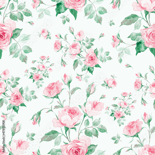 Abstract seamless pattern delicate roses drawn on paper paints