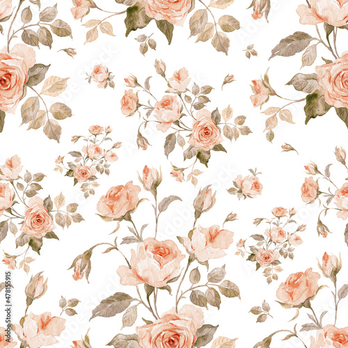 Abstract seamless pattern delicate roses drawn on paper paints
