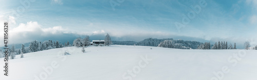 Schneelandschaft mit Wald und Bauernhäusern