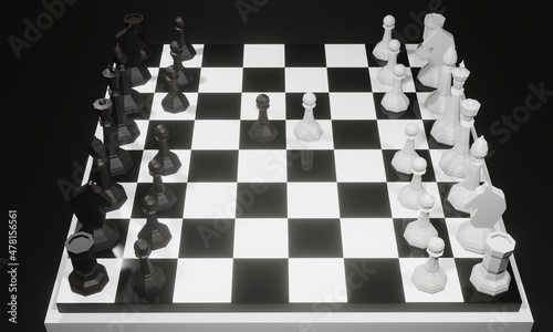 Lowpoly chess scene. First move. Stylized 3d illustration.
