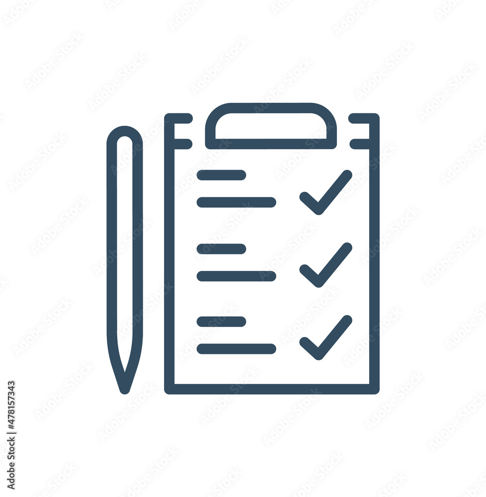 Survey or exam form paper sheet icon with answered quiz checklist and success result assessment, idea of education test, questionnaire symbol, document vector line outline Survey or exam form paper sheet icon with answered quiz checklist and success result assessment, idea of education test, questionnaire symbol, document vector line outline