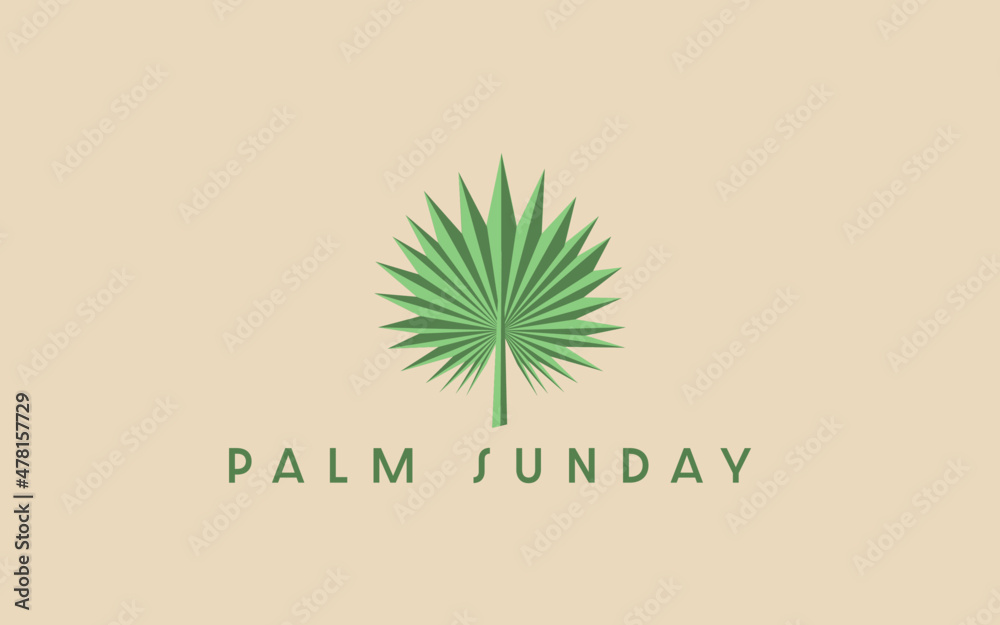 Palm Sunday under single palm branch on off white background.