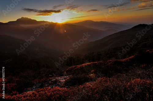 Sunrise over Himalayan mountains at Lungthang valley, India China border, Sikkim, India