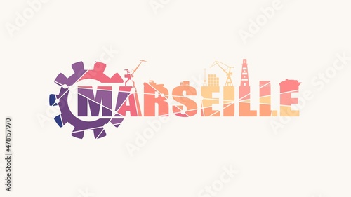 Gear with sea shipping relative silhouettes. Calligraphy inscription. Marseille city name text